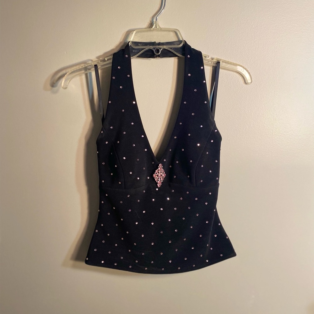 Cache Women’s Halter Top | Black with Pink Rhinestones | Size: 4